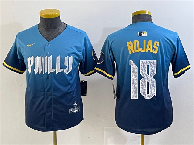 Youth Philadelphia Phillies #18 Johan Rojas Blue 2024 City Connect Limited Stitched Baseball Jersey